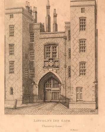 A print depicting the Chancery Lane Gateway at Lincoln's Inn, from 1800