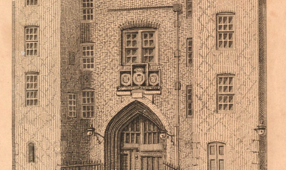 A print depicting the Chancery Lane Gateway at Lincoln's Inn, from 1800