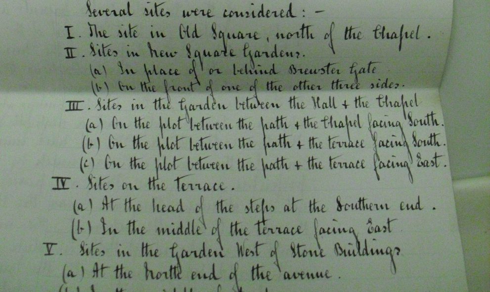 Document detailing sites which were considered for placement of the Lincoln's Inn War Memorial