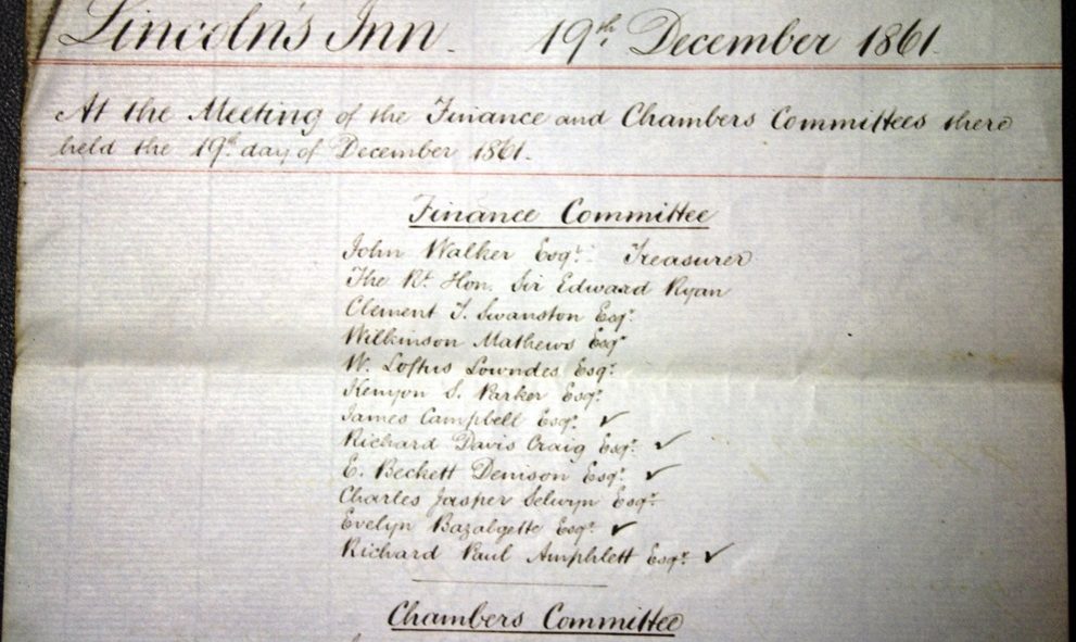Minutes of the Finance and Chamber Committee, from the Lincoln's Inn archives, December 1861