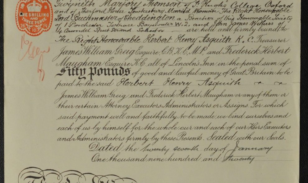Admission bond of Gwyneth Bebb from 1920, signed by John James Withers and Stanley Buckmaster QC
