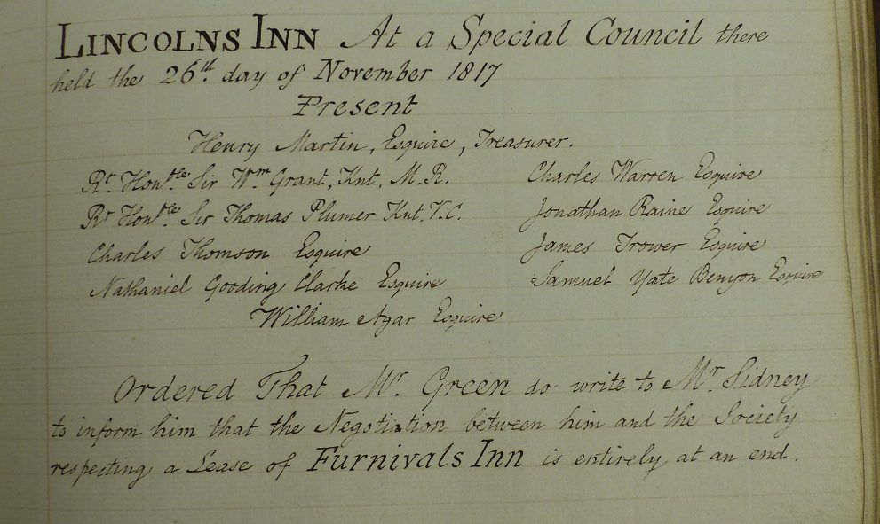 Extract from the Black Books of Lincoln's Inn relating to Furnival's Inn, dated 26 November 1817