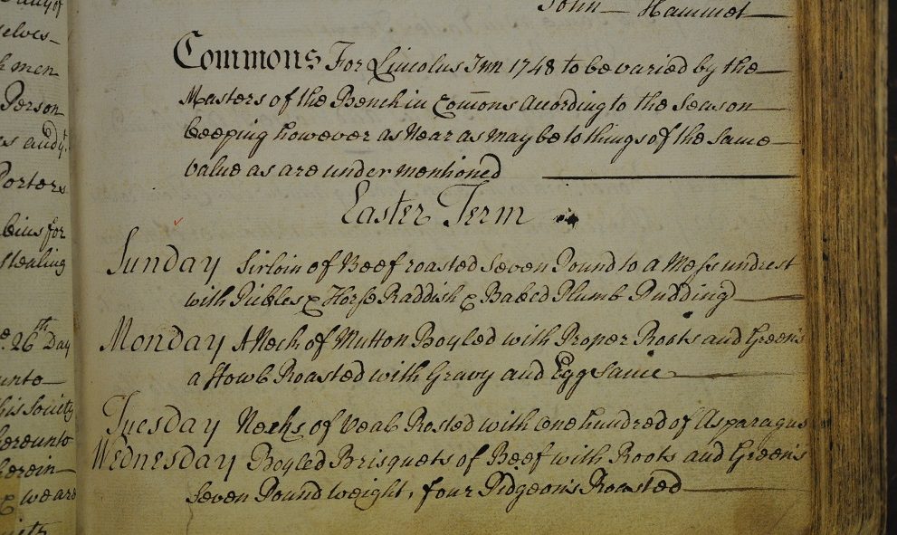 Bill of fare from the archives at Lincoln's Inn, from Easter Term 1873
