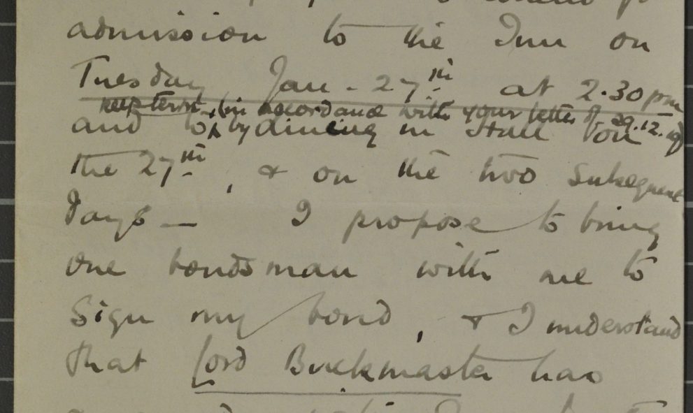 Letter from Gwyneth Bebb to the Steward of Lincoln's Inn, dated 1920