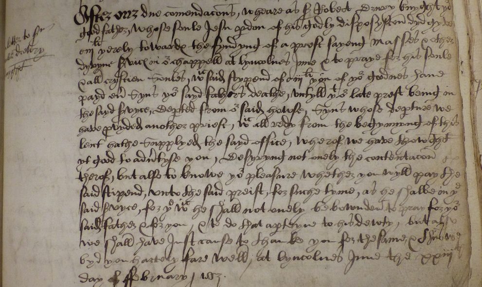 Extract from the Lincoln's Inn Black Books showing a transcribed letter to William Drury, dated 1553