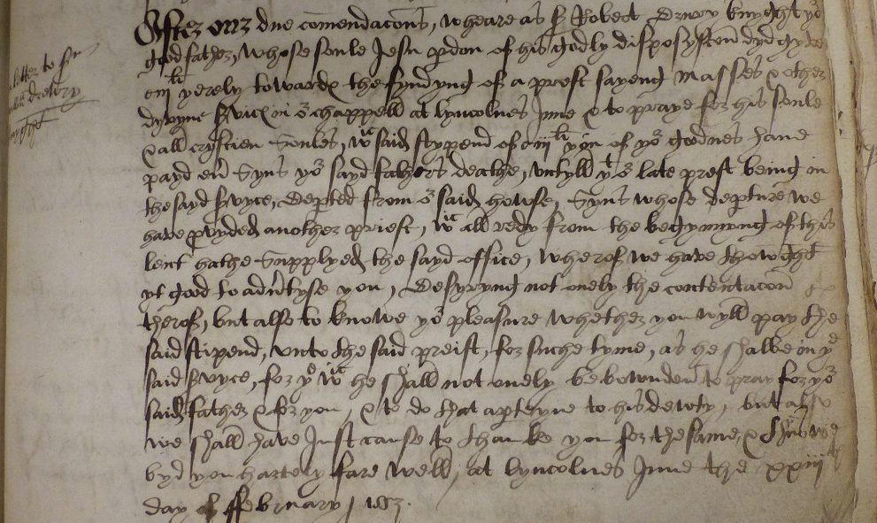 Extract from the Lincoln's Inn Black Books showing a transcribed letter to William Drury, dated 1553