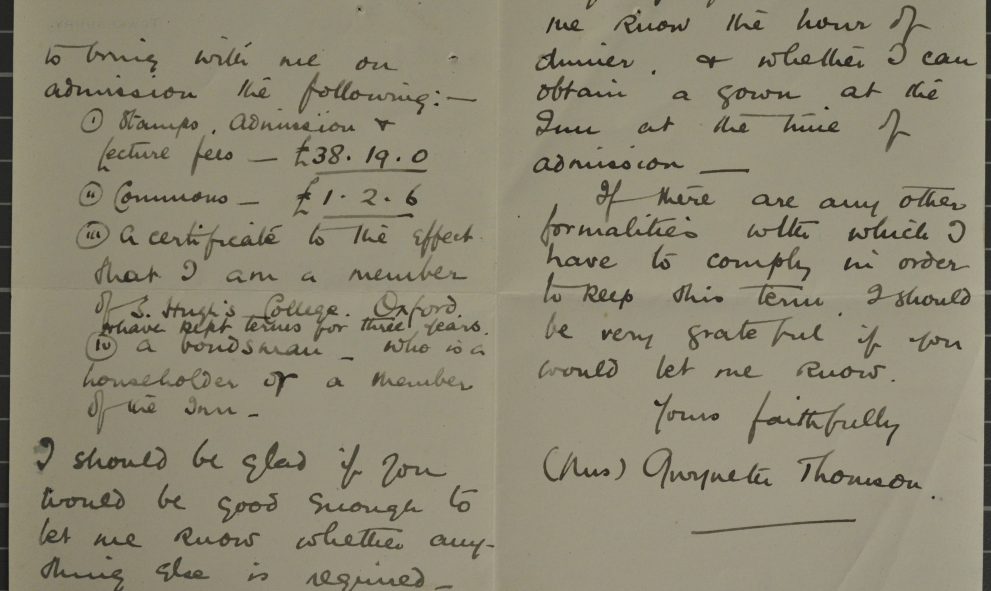 Letter from Gwyneth Bebb to the Steward of Lincoln's Inn, dated 1920