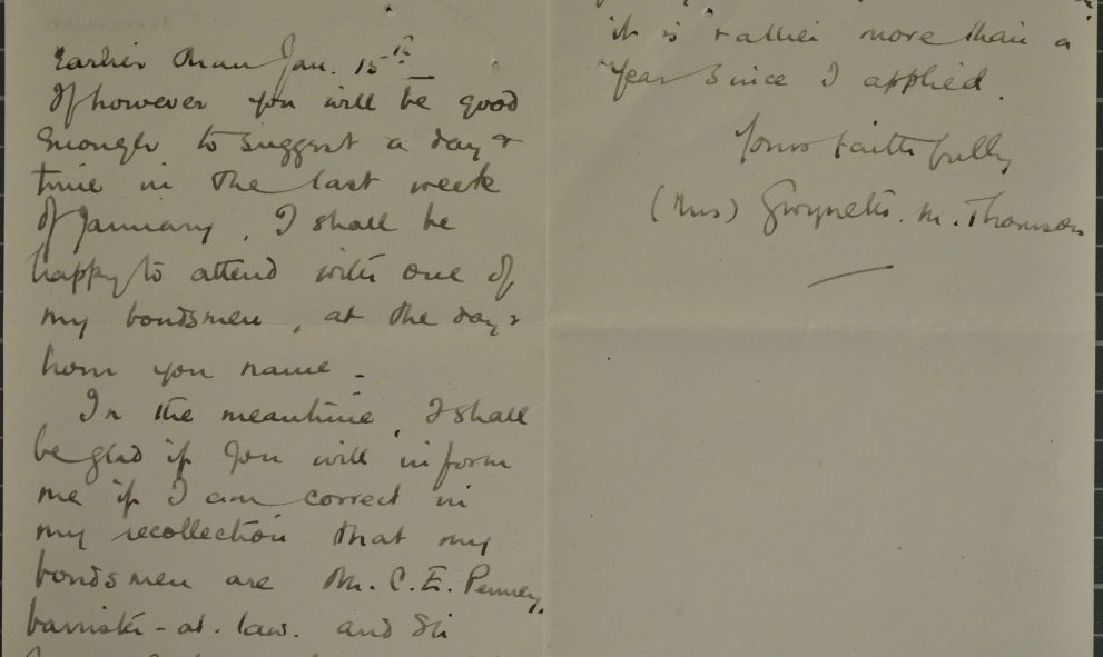 Letter from Gwyneth Bebb to the Steward of Lincoln's Inn, dated 27 December 1919