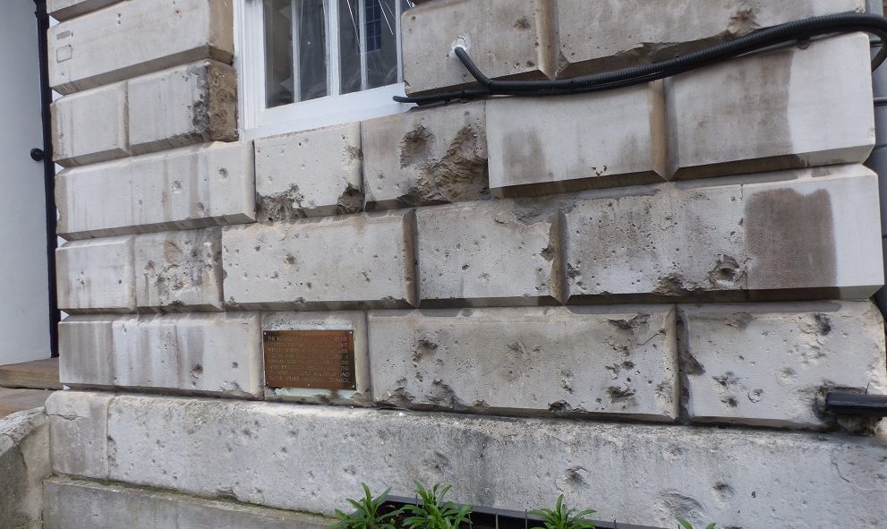 Shrapnel marks on the exterior of Stone Buildings at Lincoln's Inn, from an air raid of December 1917
