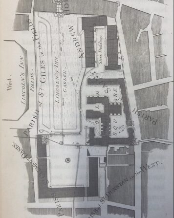 Map of Lincoln's Inn showing the parish boundary, from ‘Cases of supposed exemption from Poor rates claimed on the ground of extra-parochiality’ by Edward Griffith, 1831