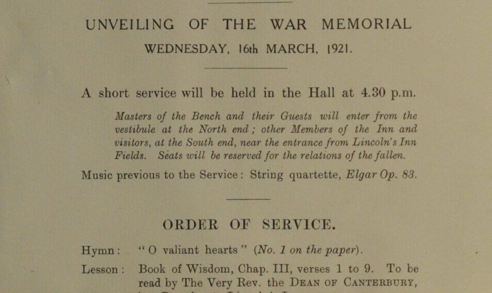 Order of service for the unveiling of the Lincoln's Inn War Memorial, 16 March 1921