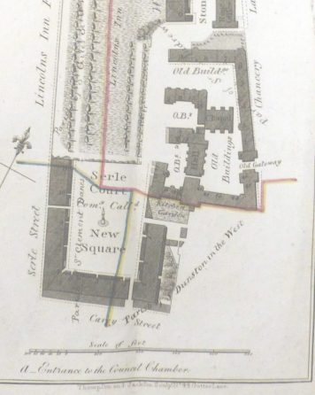 Plan of Lincoln's Inn with hand drawn parish boundary, from the archives, 1814