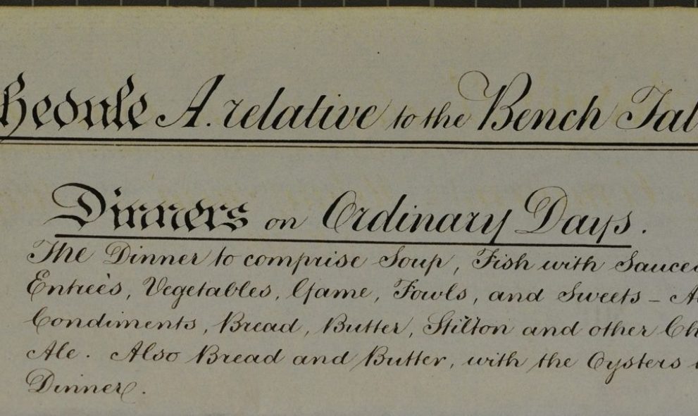 Document from the Lincoln's Inn archives detailing food served to the Bench on Ordinary Dining