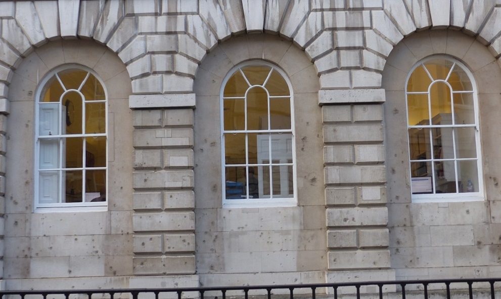 Shrapnel marks on the exterior of Stone Buildings at Lincoln's Inn, from an air raid of December 1917