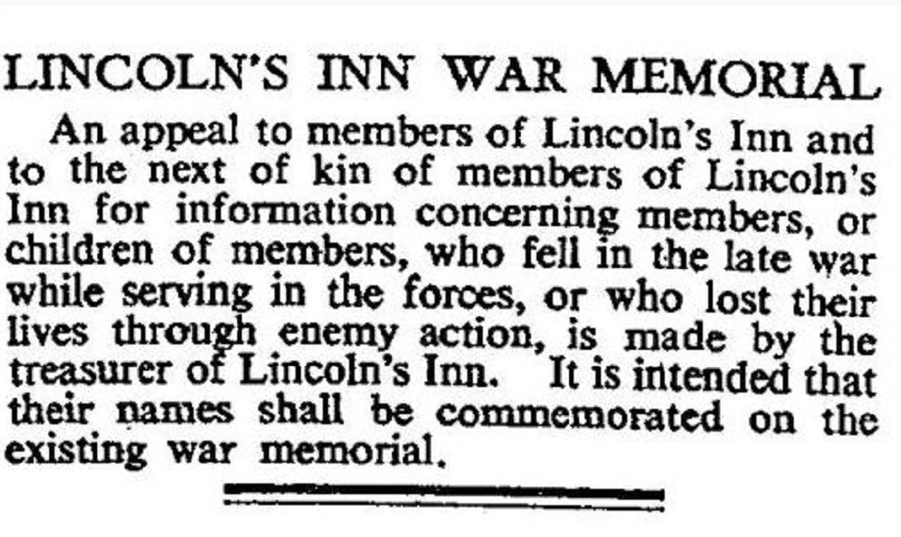 Extract of an advert in The Times from Lincoln's Inn, requesting details of World War II victims, 20 May 1948