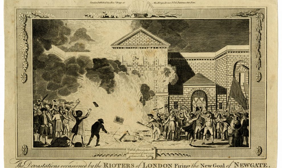 Illustration depicting the fire at Newgate Prison, during the Gordon Riots, 1781
