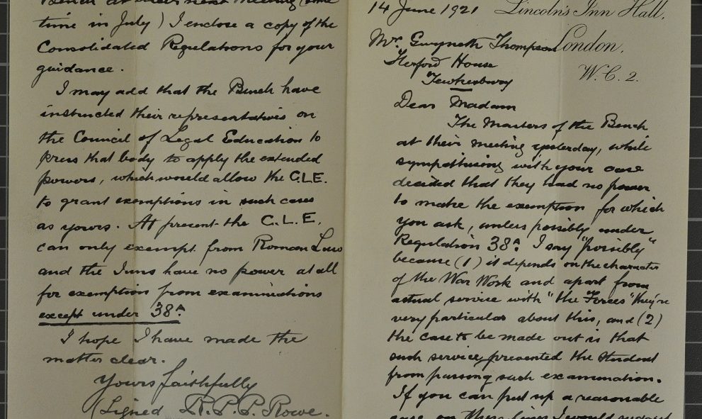 Reply to the petition of Gwyneth Bebb from the Council of Lincoln's Inn, dated June 1921