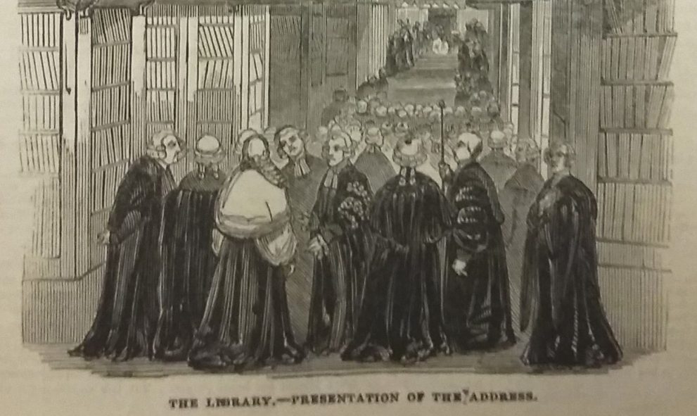 Illustration of presentation of the Address in the Library from the opening of the Great Hall at Lincoln's Inn by Queen Victoria, 1845