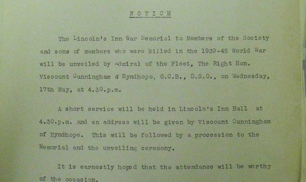 Notice sent to Lincoln's Inn Chambers inviting their attendance at the unveiling of the War Memorial in May 1950