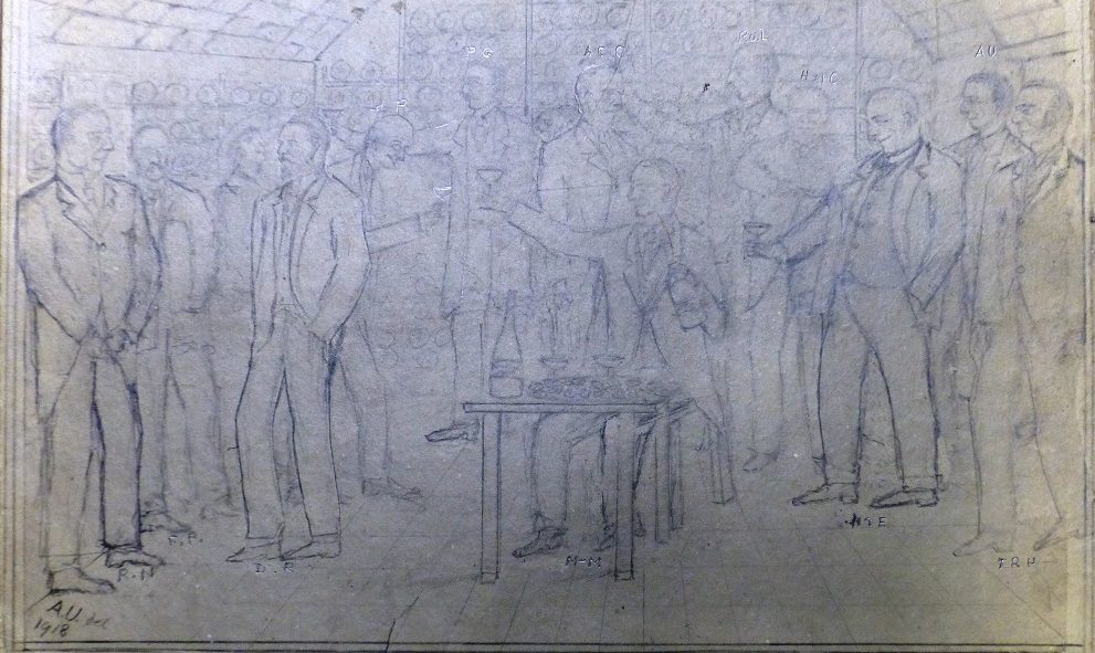 Sketch of Lincoln's Inn Benchers sheltering in the wine cellar during an air raid of December 1917
