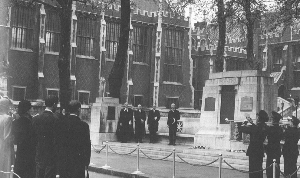 Photograph of the unveiling of additions to Lincoln's Inn War Memorial in May 1950