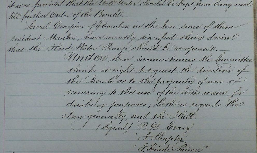 Extract from the Lincoln's Inn Black Books regarding water pumps and cholera, 20 February 1867