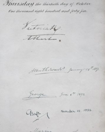 Signatures in the Lincoln's Inn Golden Book of Queen Victoria and Prince Albert, 1845