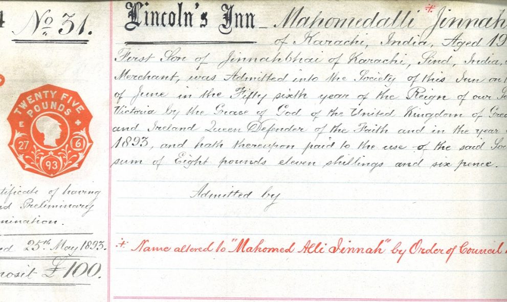 Entry into the Lincoln's Inn Admission Register for Mohammed Ali Jinnah, 5 June 1893
