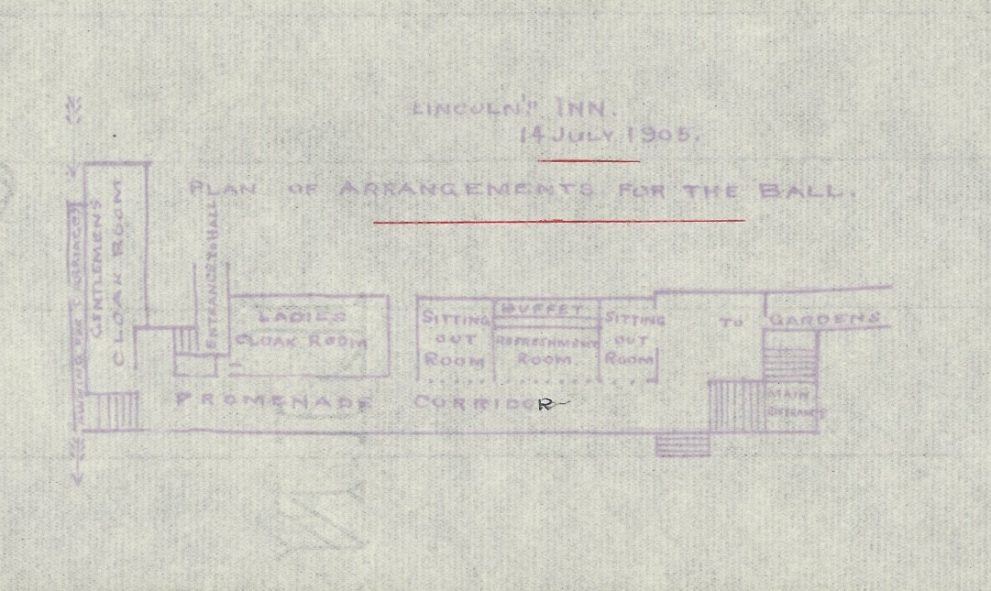 Plan detailing arrangements for a Summer Ball at Lincoln's Inn, 14 July 1905