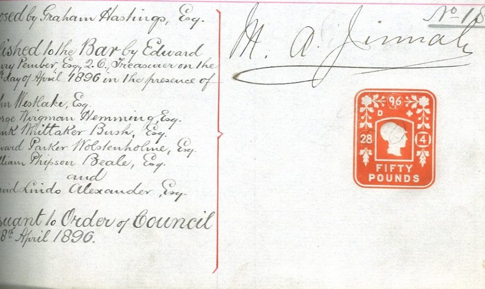 Entry of Mohammed Ali Jinnah in the Lincoln's Inn Bar Book (Call Register), 28 April 1896