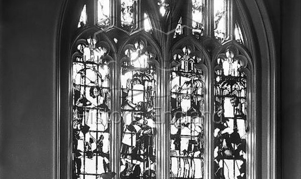 Photograph showing damage sustained to a window in Lincoln's Inn Chapel following an air raid in the First World War