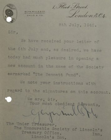 Letter from Child & Co Bank confirming the opening of the Bennett Fund account