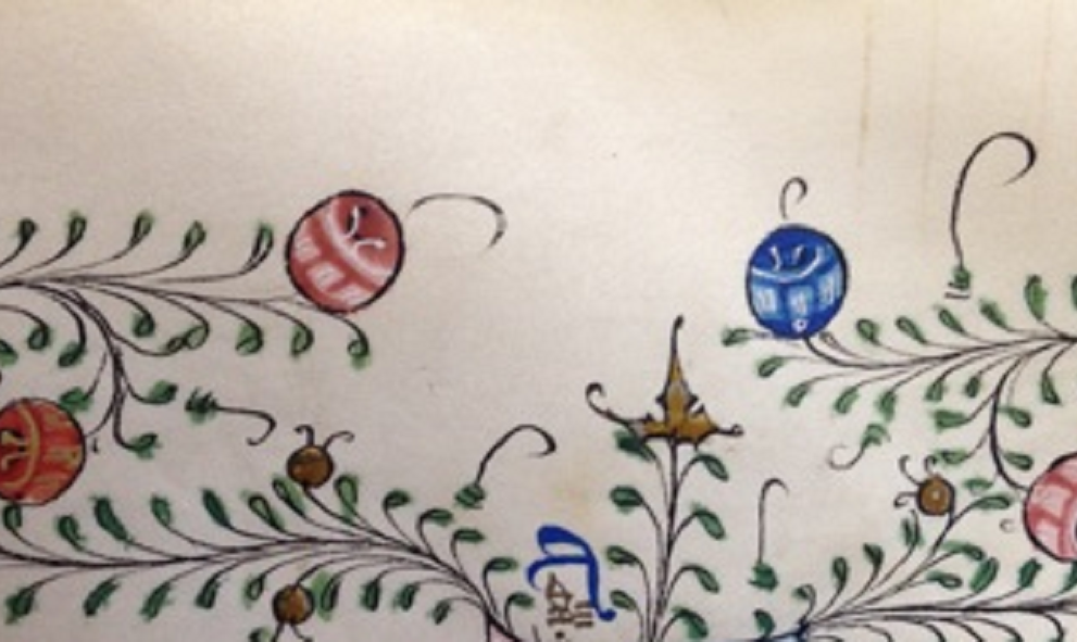 Detail of Christmas baubles, from a manuscipt at Lincoln's Inn