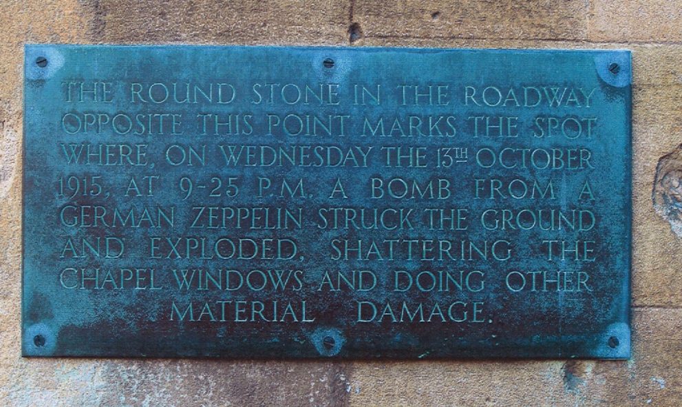 Commemorative plaque from Lincoln's Inn detailing the place where a Zepellin bomb fell in October 1915