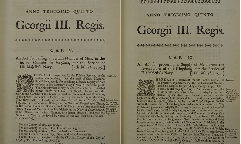 Document from the Lincoln's Inn archives detailig the Quota Act of March 1795, requiring men to join the Navy
