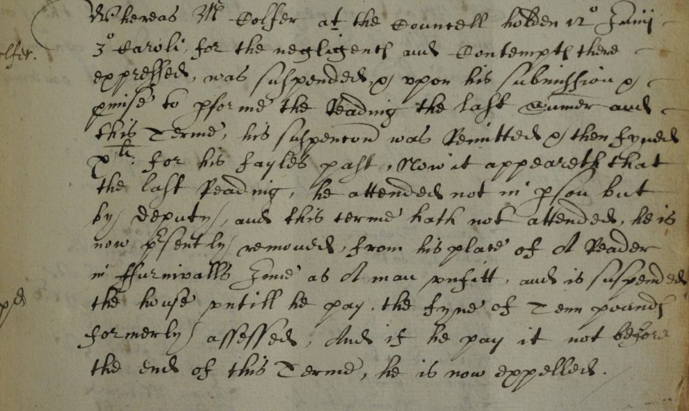 Extract from the Lincoln's Inn Black Books relating to Edward Colfer missing his reading, October 1627