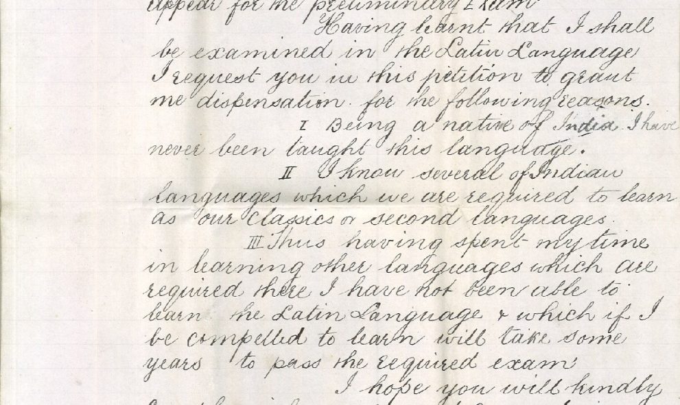 Letter to Lincoln's Inn from Moahmmed Ali Jinnah requesting dispensation from the Latin preliminary exam, 25 April 1893