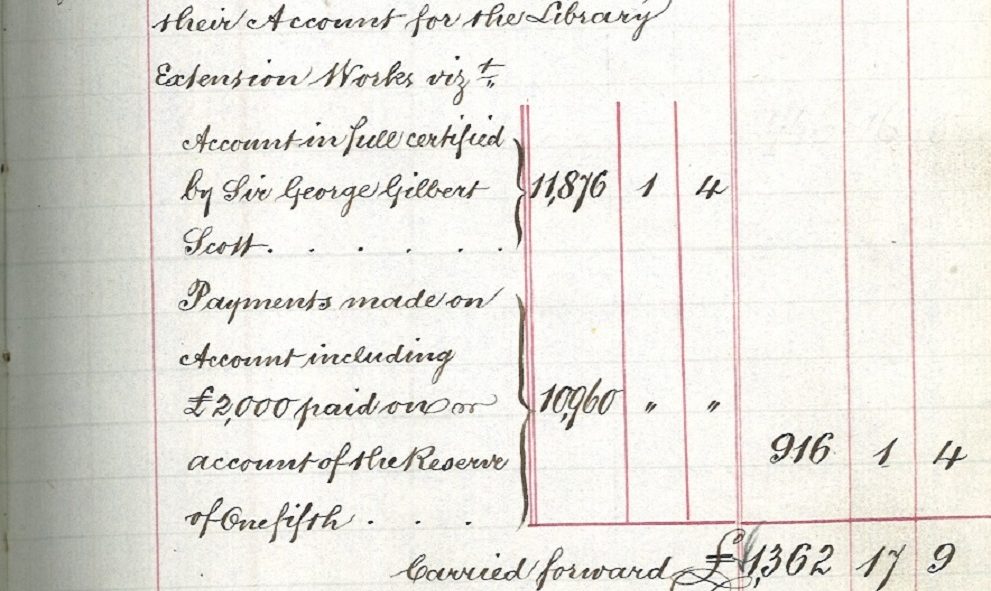 Extract from the Lincoln's Inn accounts, detailing the amount paid for the extension to the Library, August 1874
