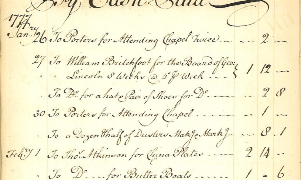 Entry in Lincoln's Inn Accounts from January 1777 listing payments made to William Britchfoot for the care of George Lincoln