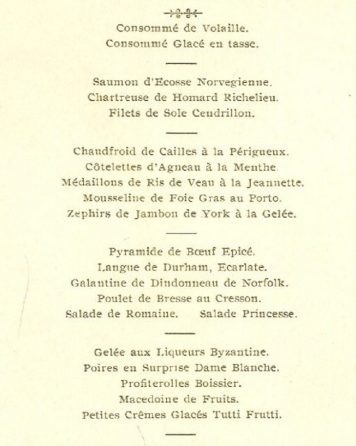 Historic menu from the archives of Lincoln's Inn showing the menu for the Summer Ball of July 1905