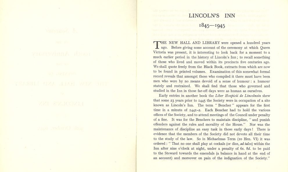 Copy of a booklet produced to commemorate the centenary of the opening of the Great Hall at Lincoln's Inn