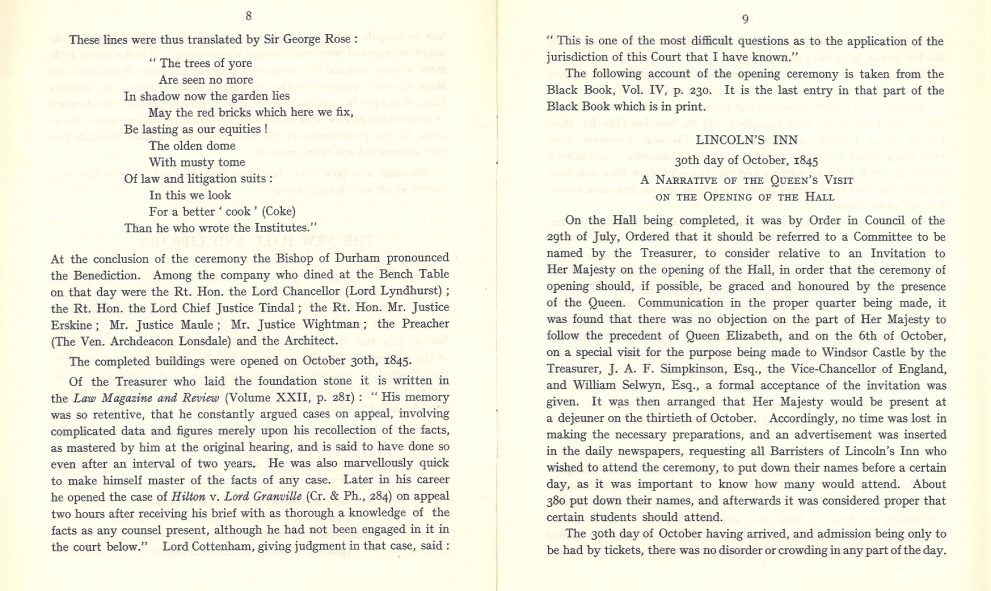 Copy of a booklet produced to commemorate the centenary of the opening of the Great Hall at Lincoln's Inn