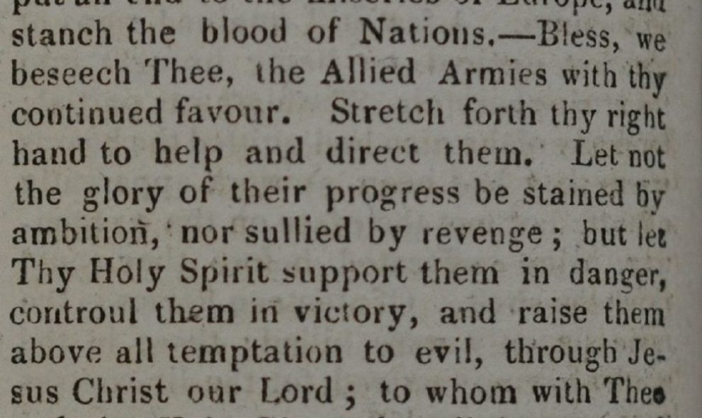 Extract from 'Gentleman’s Magazine' dated July 1815, relating to thanksgiving prayers said in Lincoln's Inn Chapel