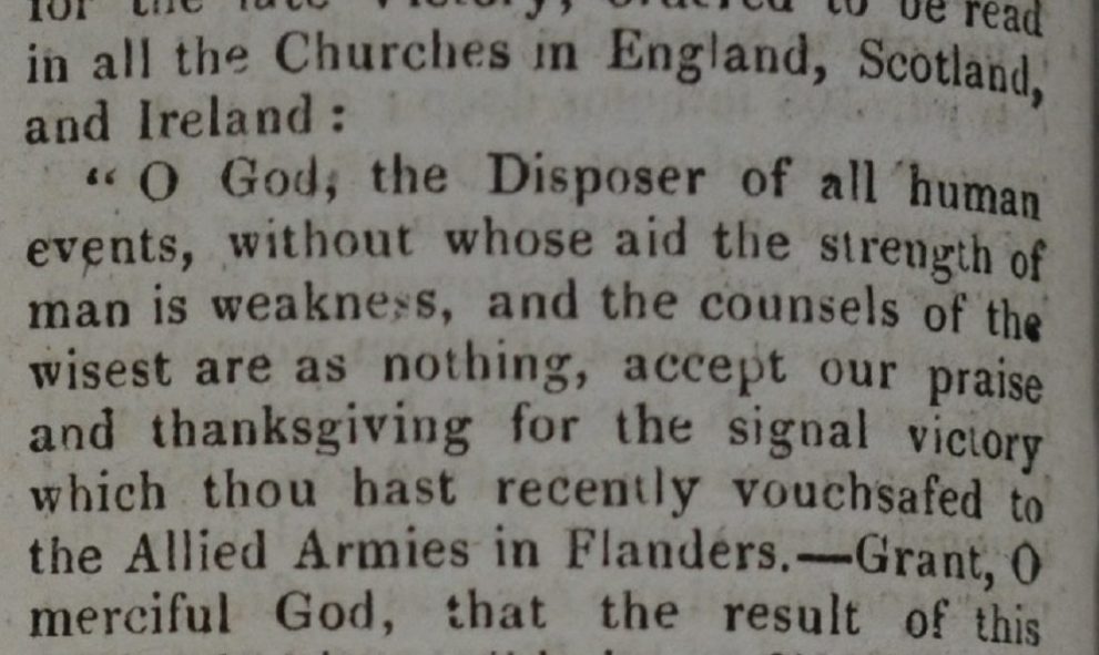 Extract from 'Gentleman’s Magazine' dated July 1815, relating to thanksgiving prayers said in Lincoln's Inn Chapel