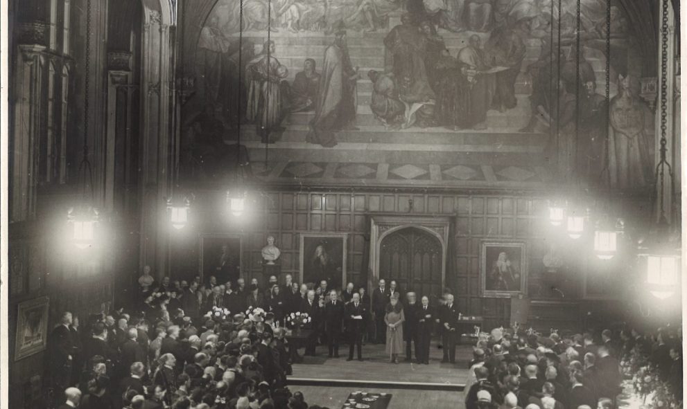 Photograph of Queen Mary in the Great Hall at Lincoln's Inn, following her tree planting ceremony