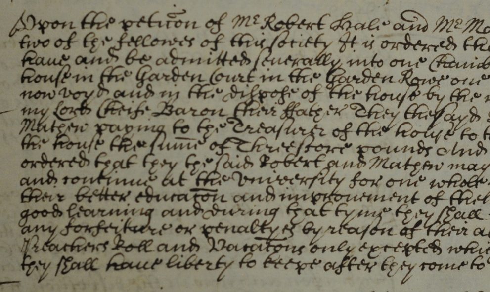 Entry into the Lincoln's Inn 'Red Books', relating to Sir Matthew Hale