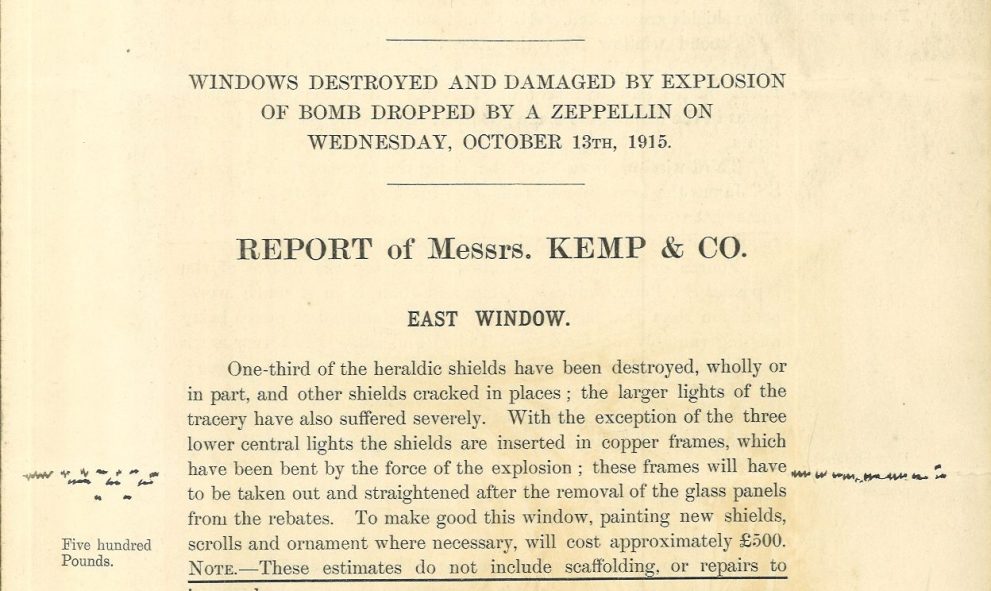 Report from C. E. Kempe & Co. Ltd on the damage sustained to the Lincoln's Inn Chapel during the First World War