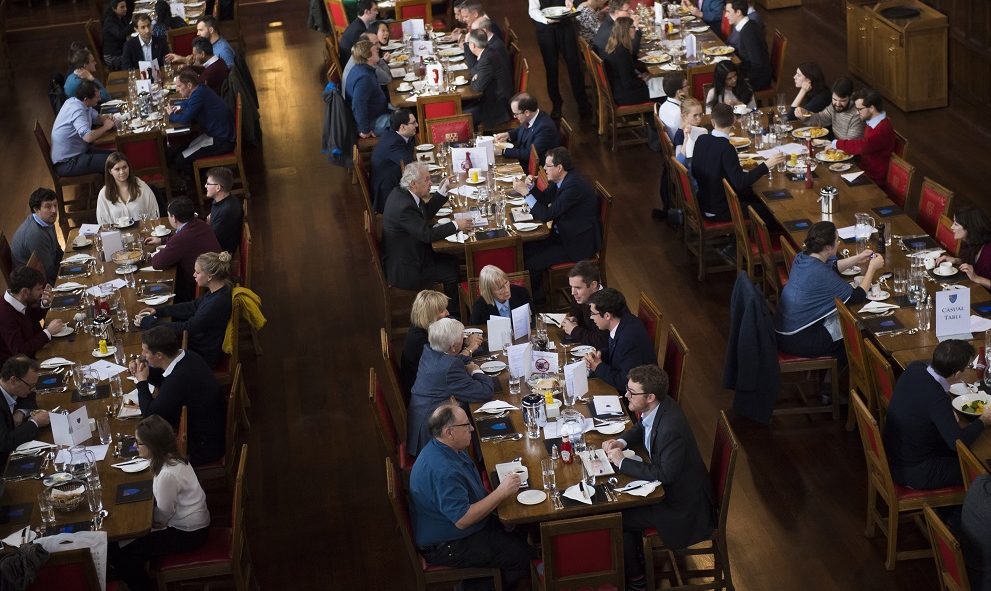 people sitting at long tables having lunch in Lincolns' Inn Great Hall