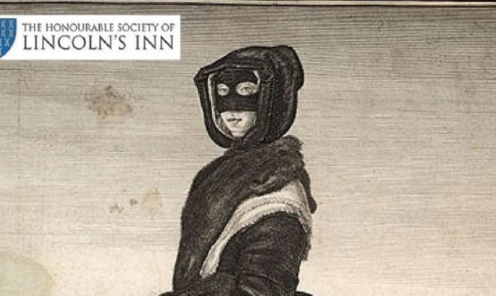 An etching of a woman standing in left profile but with her head turned almost full face. Her head is covered with black hood and the upper half of her face with a mask; Around her neck is a fur, and on her left arm a large muff. Over a light skirt trimmed with lace is a dark bunched mantle. A high-heeled shoe with rosette protrudes from her dress. Cornhill & Royal Exchange in background.