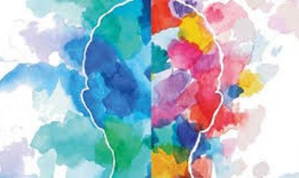 outline of head with multiple watercolours inside and around - mainly blues, green and reds